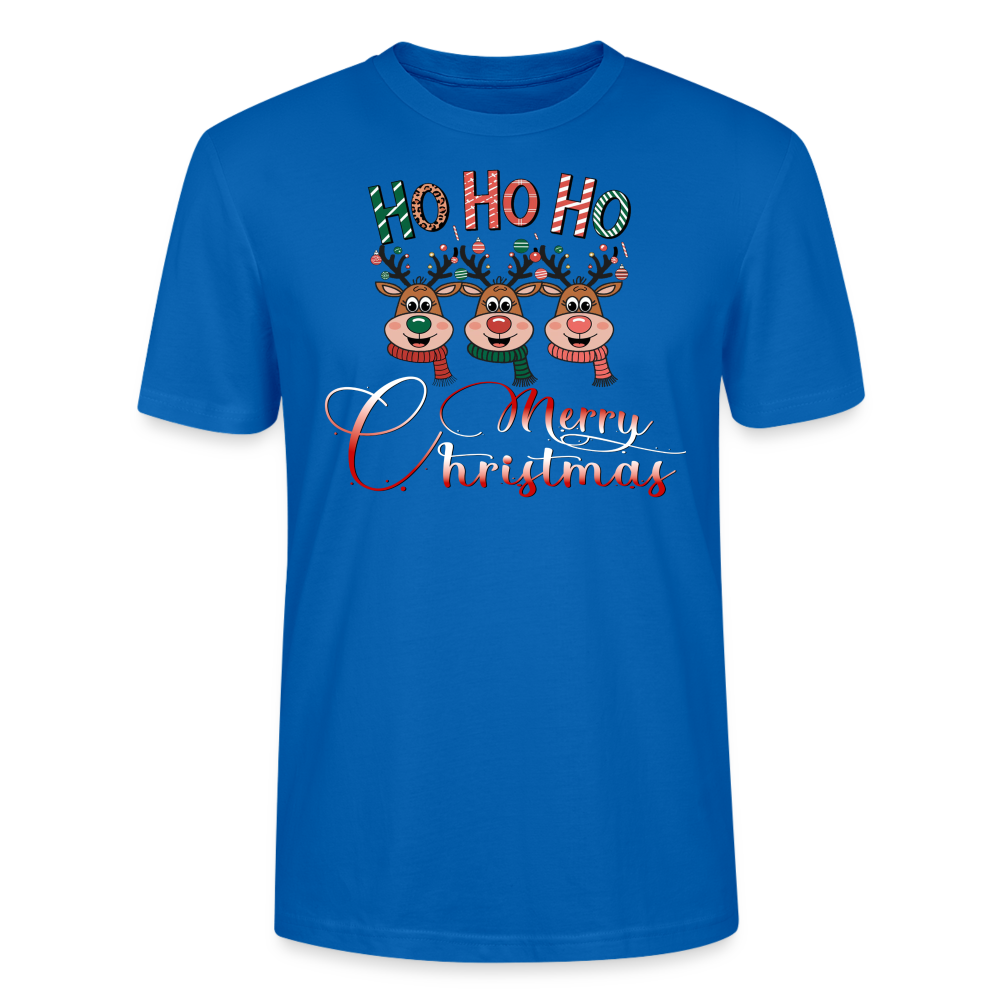 Merry Christmas T-Shirt für Männer in pfauenblau mit Ho Ho Ho Motiv und 3 fröhlichen Elchen aus 100% Bio-Baumwolle Fair Trade produziert von StreetwearX.