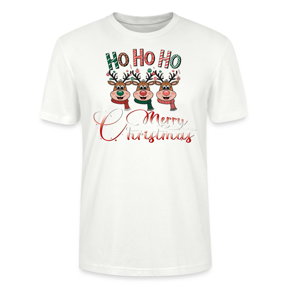 Merry Christmas T-Shirt für Männer in weiß mit Ho Ho Ho Motiv und 3 fröhlichen Elchen aus 100% Bio-Baumwolle Fair Trade produziert von StreetwearX.