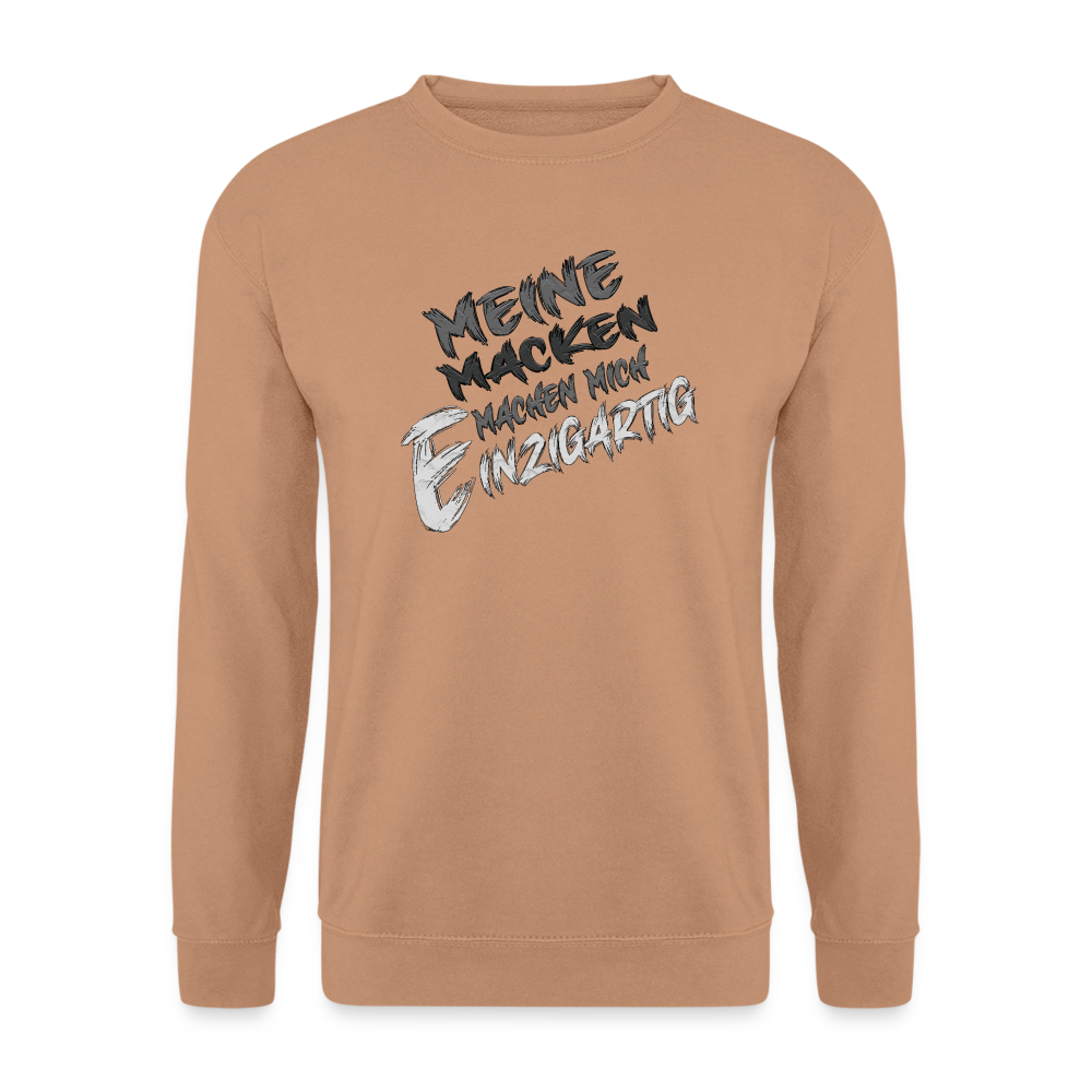 Mocca farbebner Streetwear Pullover für Frauen und Männer mit einzigartigem Statement Spruch auf der Brust „Meine Macken machen mich magisch“. Ideal für Freizeit und Alltag . Modisches Design. Klassischer Schnitt und Humor.