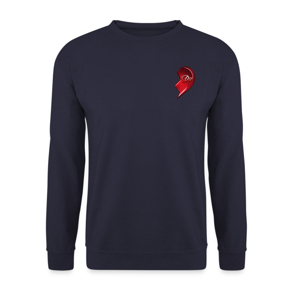 Navi Farbener Streetwear Pullover mit Herz-Hälfte auf der linken Brust. Partnerlook-Design – Perfekte Geschenkidee für Maenner und Frauen zum Valentinstag.
