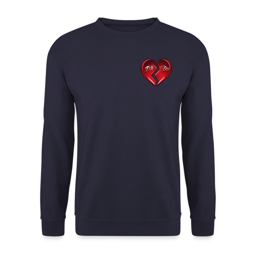 Navy farbener Pullover für Valentinstag – Streetwear für Damen und Herren, das perfekte Geschenk mit einem geteilten Herz-Design.