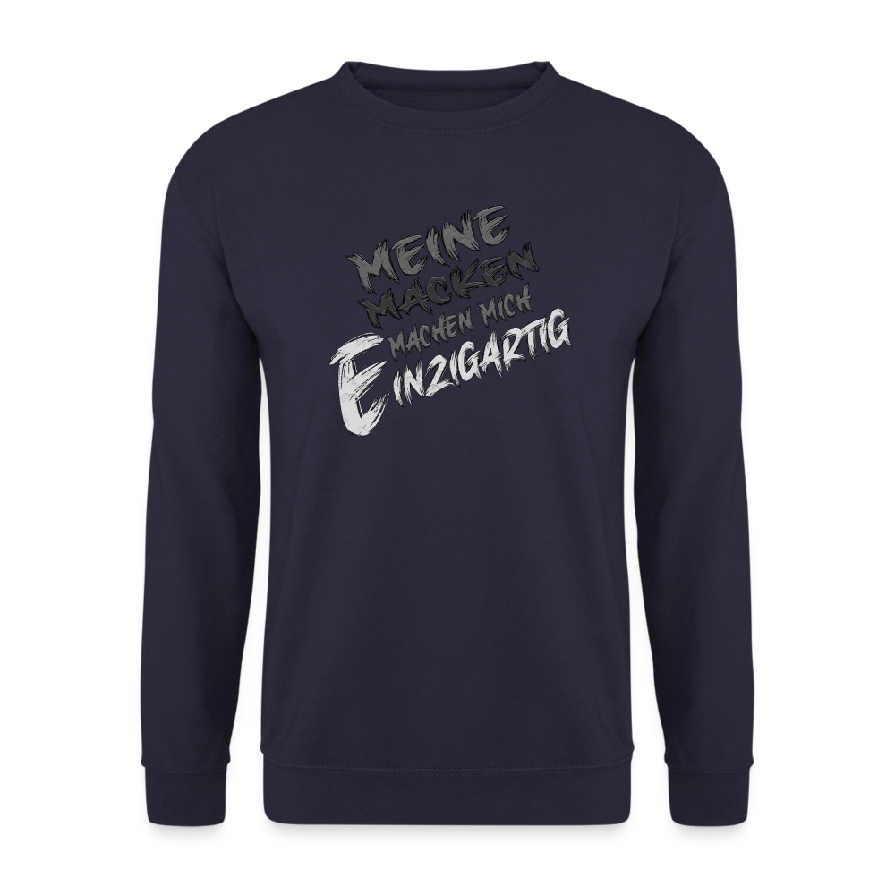 Farbe Navy Streetwear Pullover für Frauen und Männer mit einzigartigem Statement Spruch auf der Brust „Meine Macken machen mich magisch“. Ideal für Freizeit und Alltag . Modisches Design. Klassischer Schnitt und Humor.