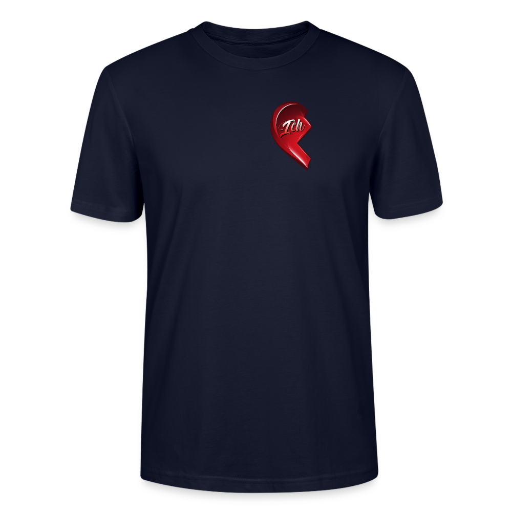 Navy farbenes T-Shirt mit halbem roten Herzmotiv und dem Schriftzug 'Ich' auf der linken Brustseite, Teil eines Partner-T-Shirt-Sets, bei dem die rechte Herzhälfte auf dem passenden T-Shirt ergänzt wird. Ideal als Geschenkidee für Paare zum Valentinstag.