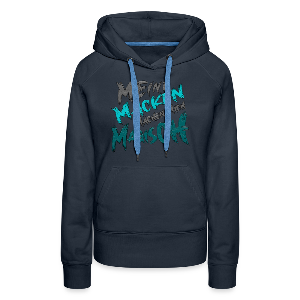 Navyfarbener Streetwear Hoodie für Frauen mit Statement ‚Meine Macken machen mich magisch‘, modernes Design mit weißer und schwarzer Schrift, kontrastfarbene Kapuzenbänder, Kängurutasche, ideal für lässigen Look, lustige Sprüche.