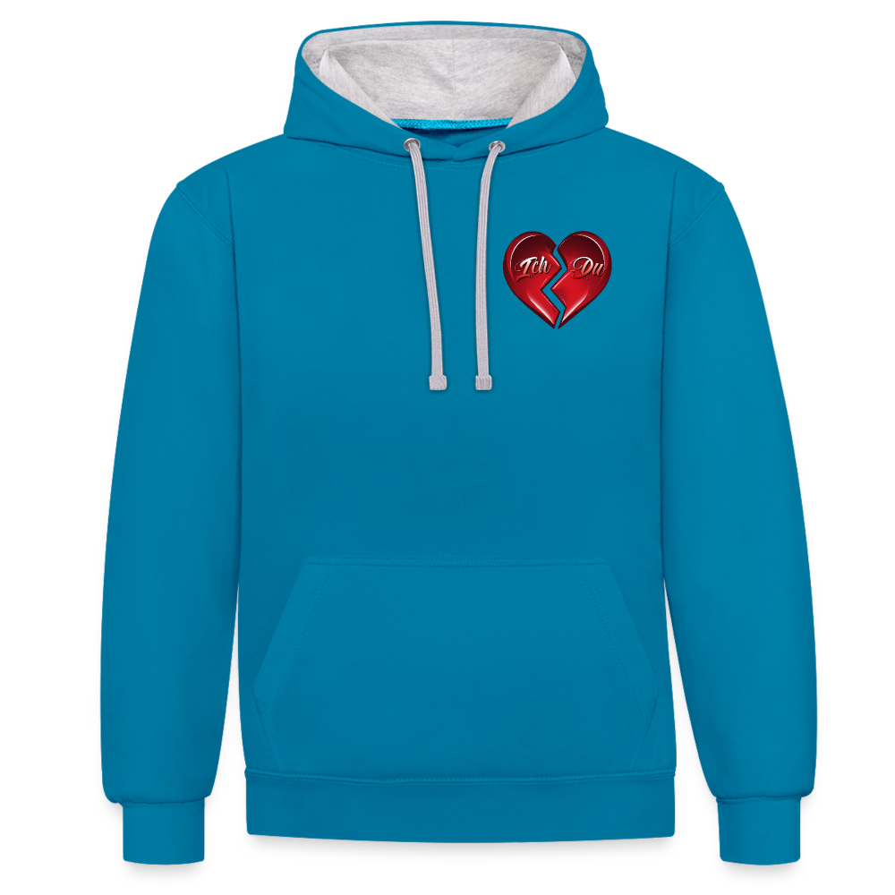 pfauenblau-Grau-meliert 2-Farben Streetwear Hoodie mit Kapuze und Kordeln in der gleichen Farbe. Herz-Motiv auf der linken Brust – Perfektes Valentinstag Geschenk für Männer und Frauen.
