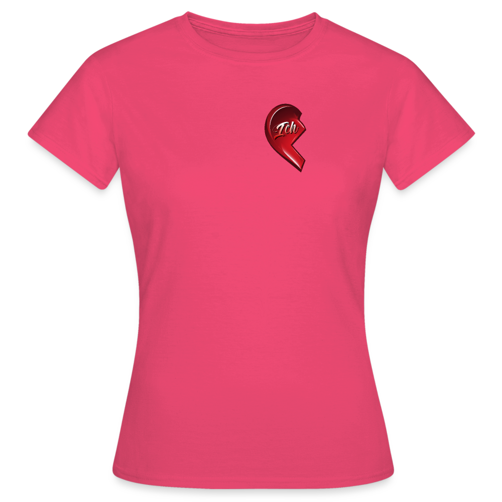 Pinkes T Shirt mit halbem roten Herzmotiv und der Aufschrift „Ich“ – perfekt für Frauen zum Valentinstag und im Partnerlook.