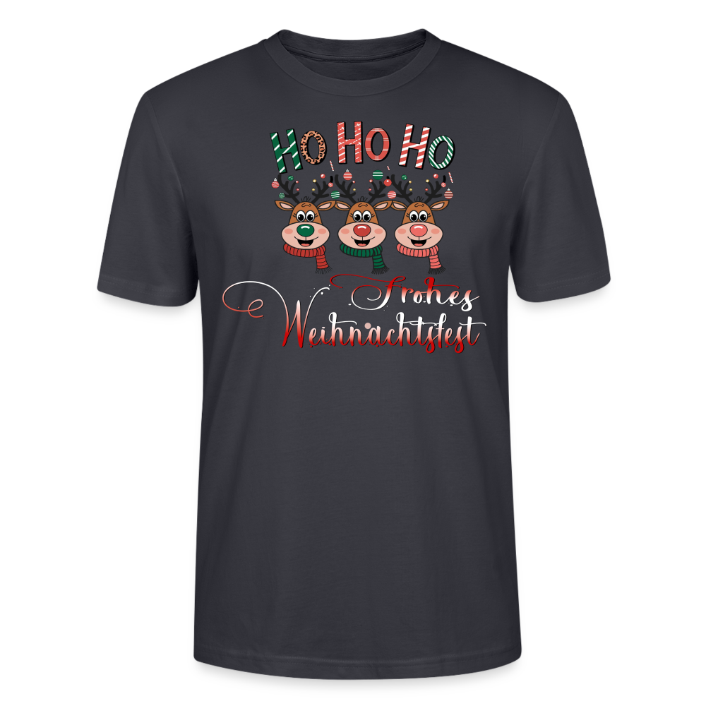 Frohes Weihnachtsfest T-Shirt für Männer in graublau mit Ho Ho Ho Motiv und 3 fröhlichen Elchen mit bunten Schals aus Bio Baumwolle von StreetwearX.