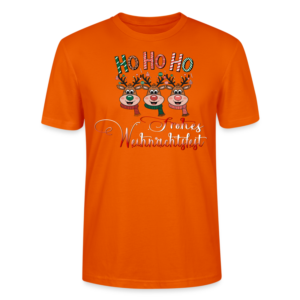 Frohes Weihnachtsfest T-Shirt für Männer in tieforange mit Ho Ho Ho Motiv und 3 fröhlichen Elchen mit bunten Schals aus Bio Baumwolle von StreetwearX.