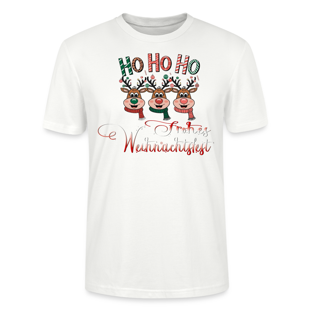 Frohes Weihnachtsfest T-Shirt für Männer in weiß mit Ho Ho Ho Motiv und 3 fröhlichen Elchen mit bunten Schals aus Bio Baumwolle von StreetwearX.