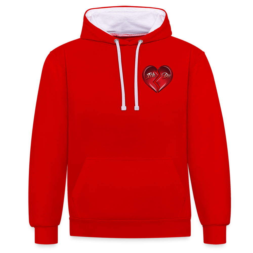 Rot/Weiß 2-Farben Streetwear Hoodie mit Kapuze und Kordeln in der gleichen Farbe. Herz-Motiv auf der linken Brust – Perfektes Valentinstag Geschenk für Männer und Frauen.