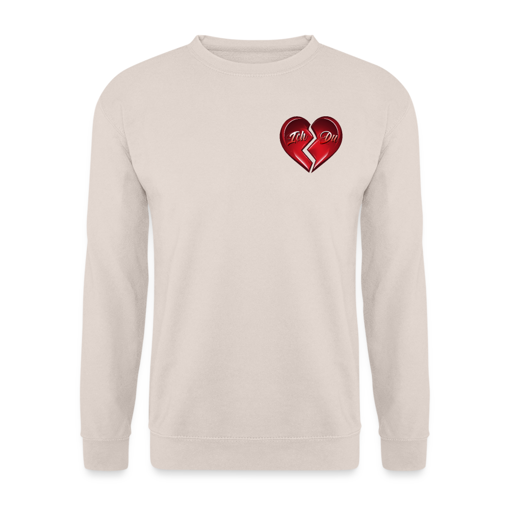Sandfarben-Pullover für Valentinstag – Streetwear für Damen und Herren, das perfekte Geschenk mit einem geteilten Herz-Design.