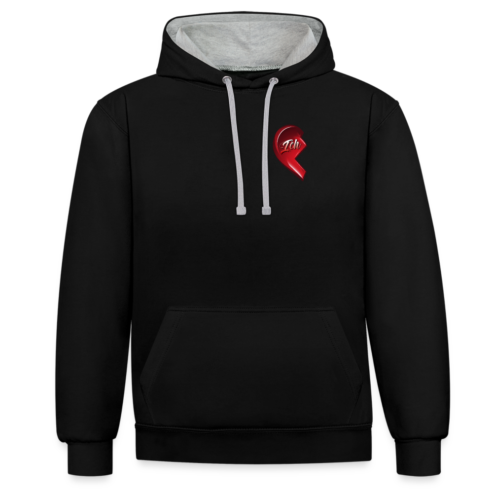 Schwarz grau meliert Streetwear Hoodie im 2-Farben-Design mit farbiger Kapuze und Kordeln. Herz-Motiv auf der linken Brust – Ideal als Valentinstag Geschenk für Freund und Freundin.