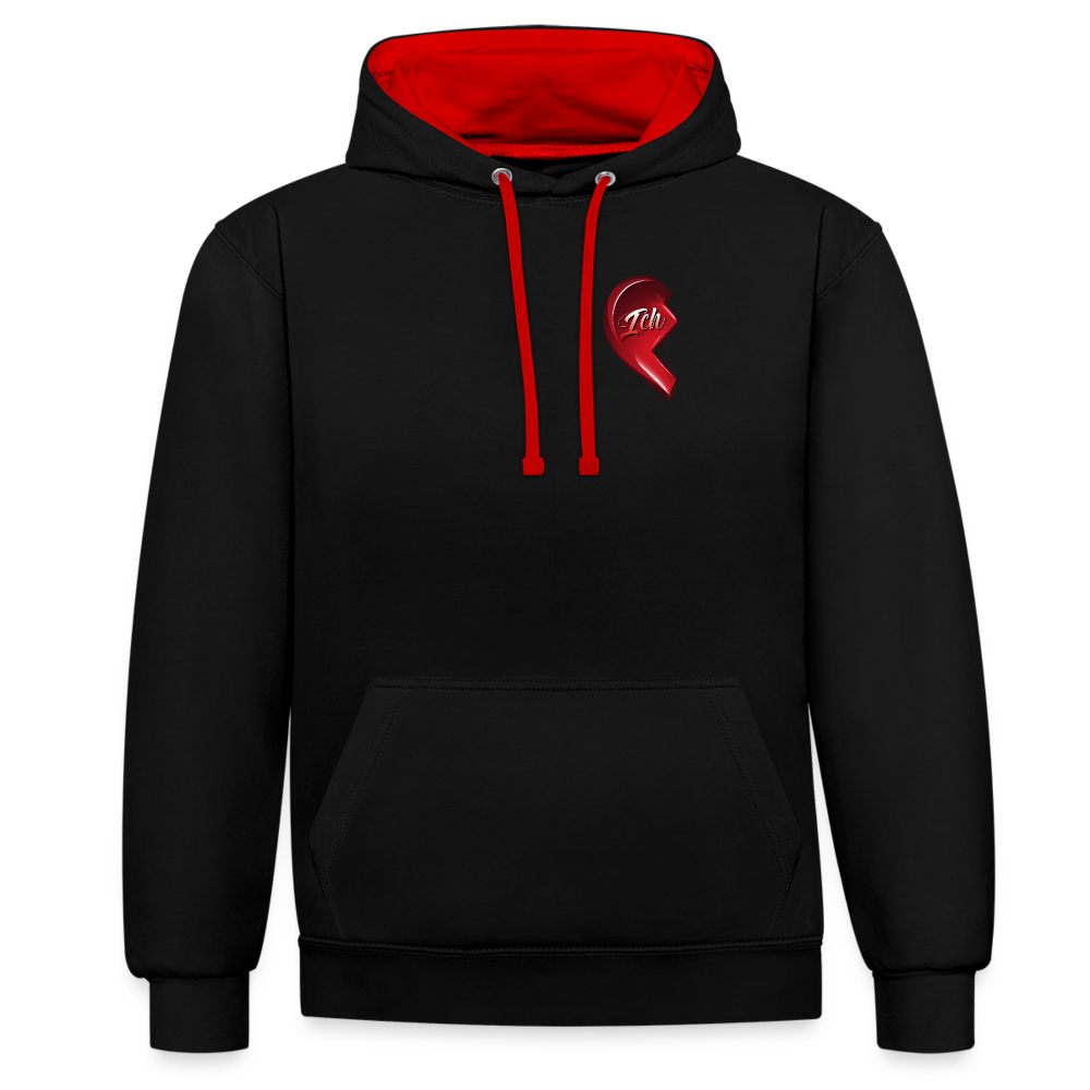 Schwarz/Rot Streetwear Hoodie im 2-Farben-Design mit farbiger Kapuze und Kordeln. Herz-Motiv auf der linken Brust – Ideal als Valentinstag Geschenk für Freund und Freundin.