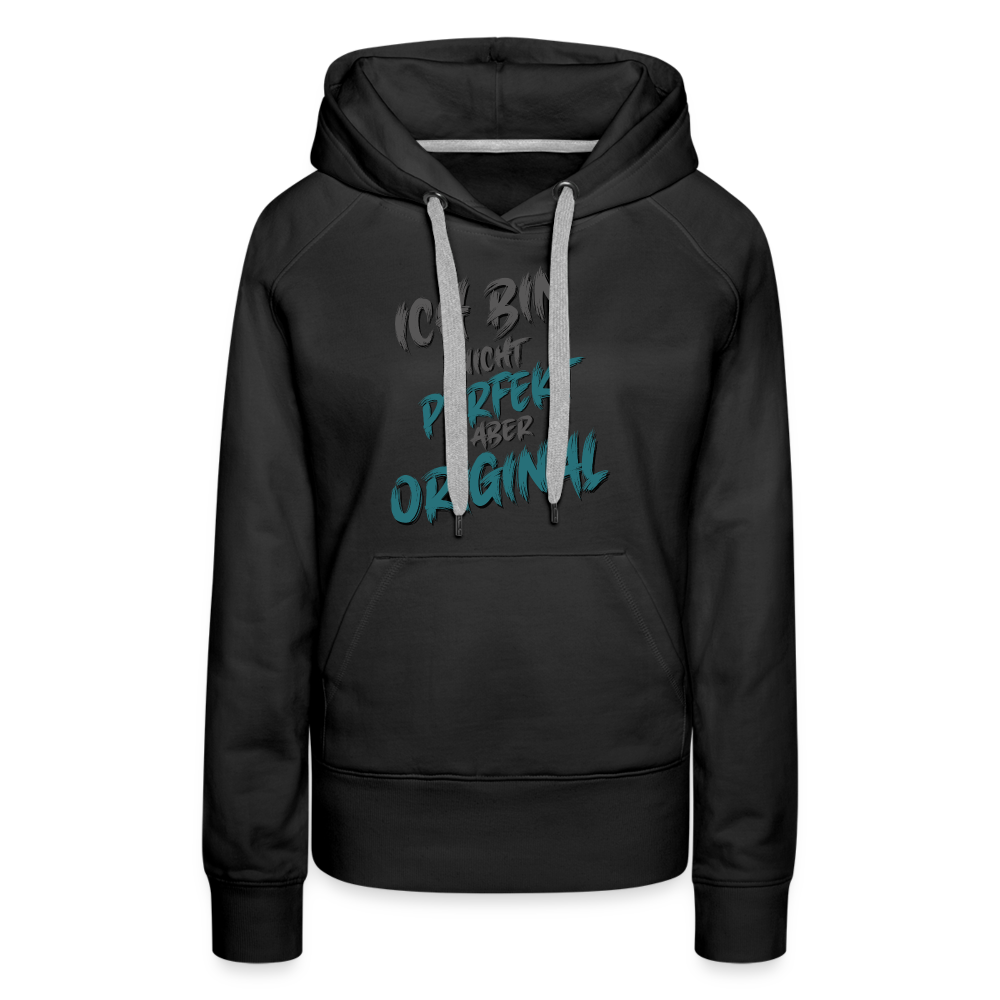 Schwarzer Streetwear Frauen Hoodie mit Spruch auf der Brust „Ich bin nicht perfekt aber original“. Einzigartige Typografie, sehr lustige Sprüche, mit farbiges Kapuzenband und praktischer Kängurutasche. Perfekt für Freizeit & Alltag.