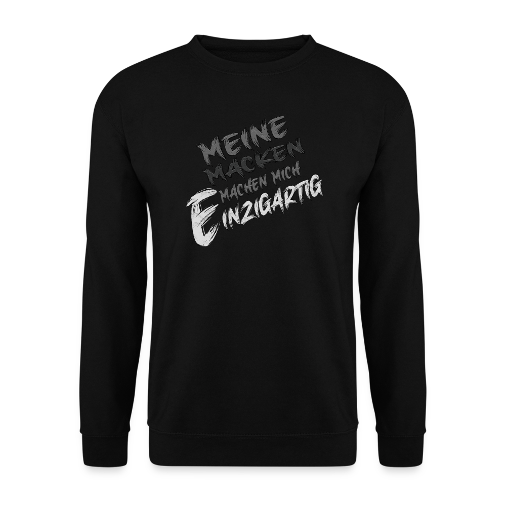 Schwarzer Streetwear Pullover für Frauen und Männer mit einzigartigem Statement Spruch auf der Brust „Meine Macken machen mich magisch“. Ideal für Freizeit und Alltag . Modisches Design. Klassischer Schnitt und Humor.