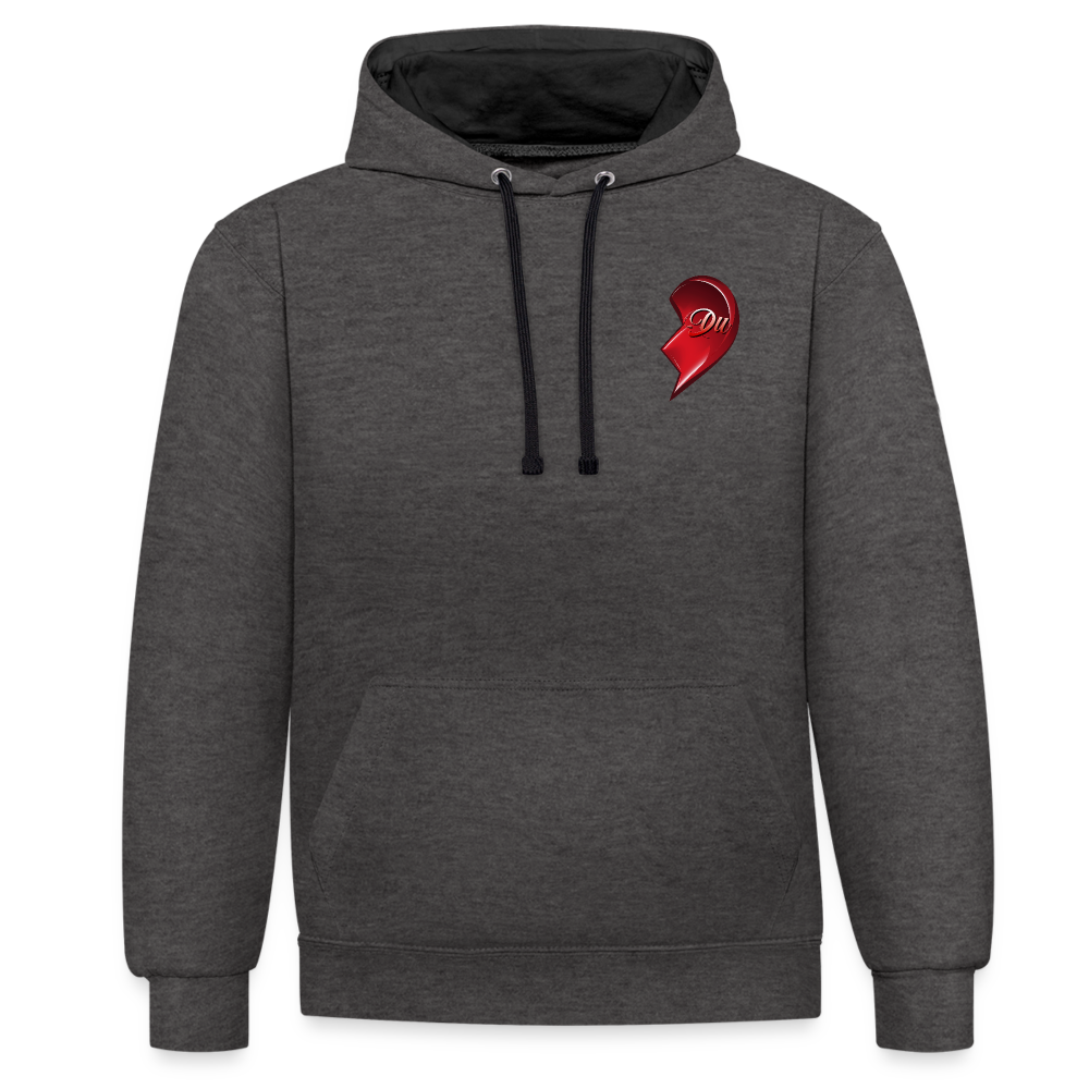 Anthrazit/Schwarz Hochwertiger Streetwear Hoodie im modernen 2-Farben-Design mit kontrastierender Kapuze und Kordeln. Herz-Motiv auf der linken Brust – Eine stilvolle Geschenkidee zum Valentinstag für Männer, Frauen, Freund und Freundin.