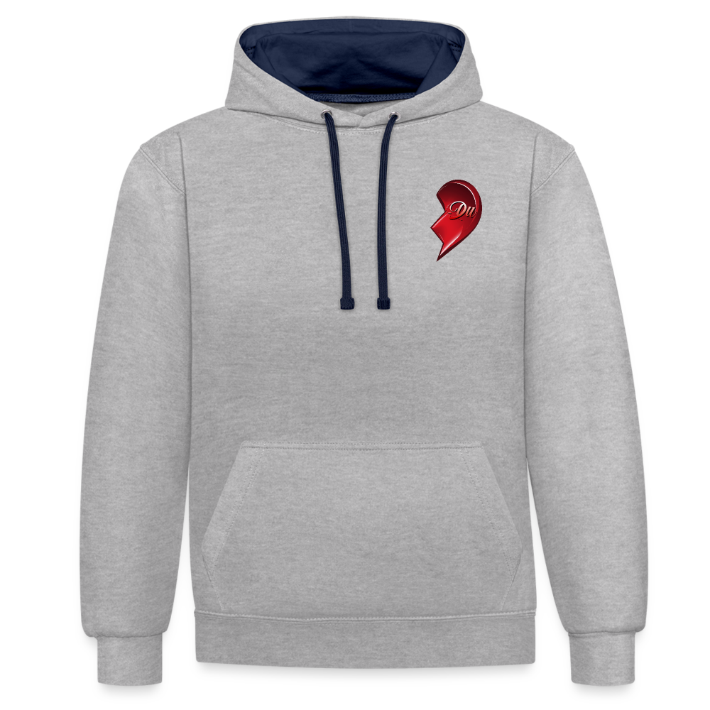 Grau meliert/Navy Hochwertiger Streetwear Hoodie im modernen 2-Farben-Design mit kontrastierender Kapuze und Kordeln. Herz-Motiv auf der linken Brust – Eine stilvolle Geschenkidee zum Valentinstag für Männer, Frauen, Freund und Freundin.