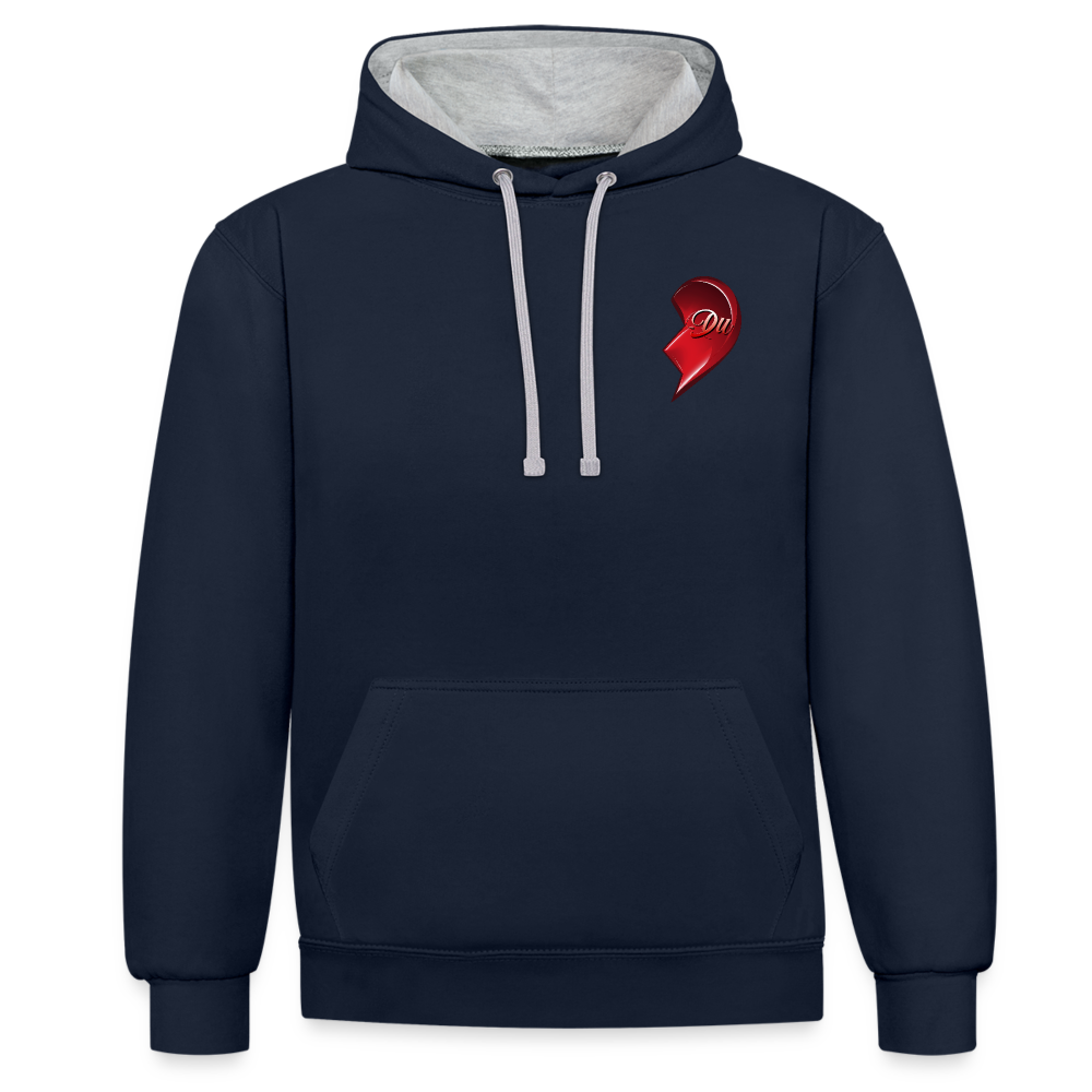 Navy/Grau meliert Hochwertiger Streetwear Hoodie im modernen 2-Farben-Design mit kontrastierender Kapuze und Kordeln. Herz-Motiv auf der linken Brust – Eine stilvolle Geschenkidee zum Valentinstag für Männer, Frauen, Freund und Freundin.
