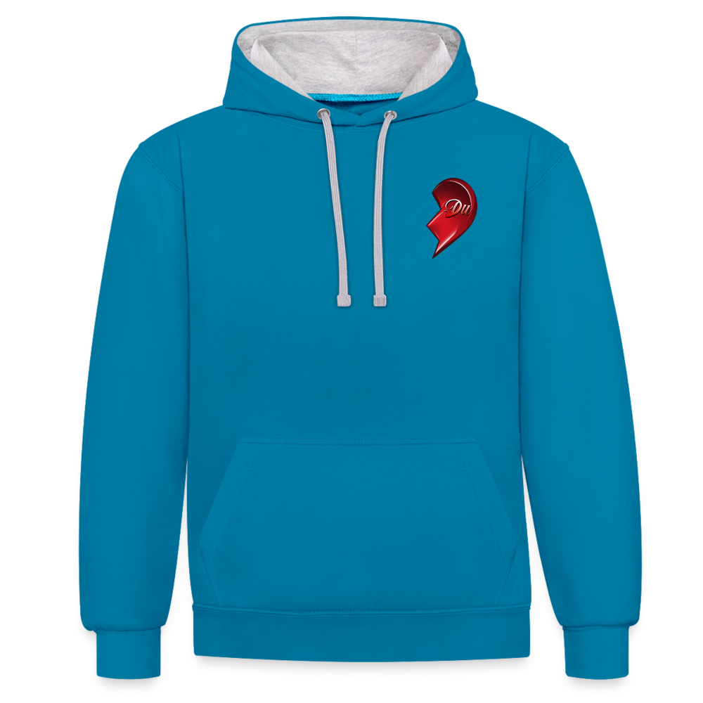 Pfauenblau/Grau meliert Hochwertiger Streetwear Hoodie im modernen 2-Farben-Design mit kontrastierender Kapuze und Kordeln. Herz-Motiv auf der linken Brust – Eine stilvolle Geschenkidee zum Valentinstag für Männer, Frauen, Freund und Freundin.