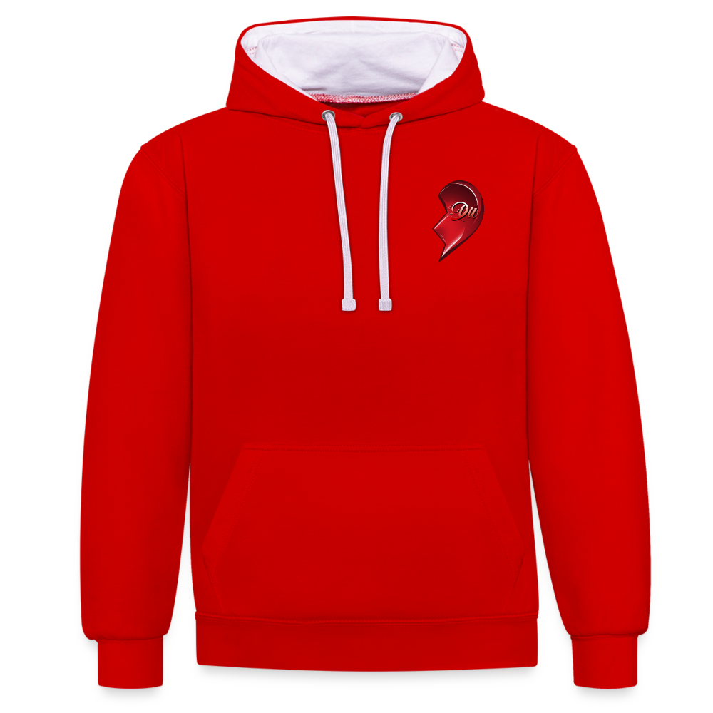 Rot/Weiß Hochwertiger Streetwear Hoodie im modernen 2-Farben-Design mit kontrastierender Kapuze und Kordeln. Herz-Motiv auf der linken Brust – Eine stilvolle Geschenkidee zum Valentinstag für Männer, Frauen, Freund und Freundin.