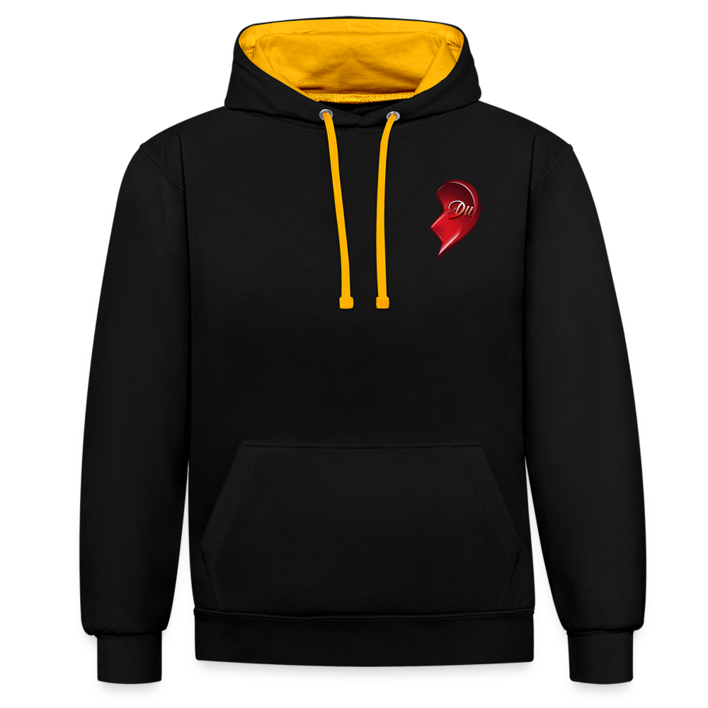 Schwarz/Gold Hochwertiger Streetwear Hoodie im modernen 2-Farben-Design mit kontrastierender Kapuze und Kordeln. Herz-Motiv auf der linken Brust – Eine stilvolle Geschenkidee zum Valentinstag für Männer, Frauen, Freund und Freundin.