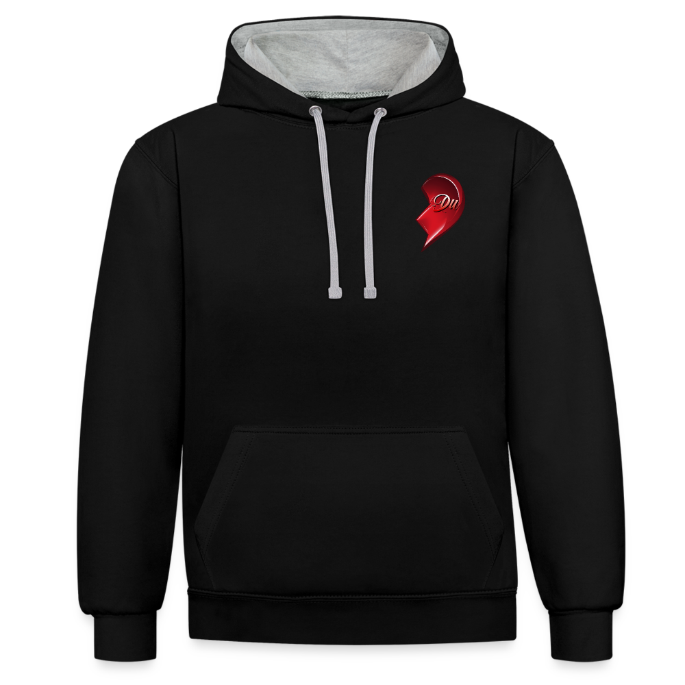 Schwarz/Grau meliert Hochwertiger Streetwear Hoodie im modernen 2-Farben-Design mit kontrastierender Kapuze und Kordeln. Herz-Motiv auf der linken Brust – Eine stilvolle Geschenkidee zum Valentinstag für Männer, Frauen, Freund und Freundin.