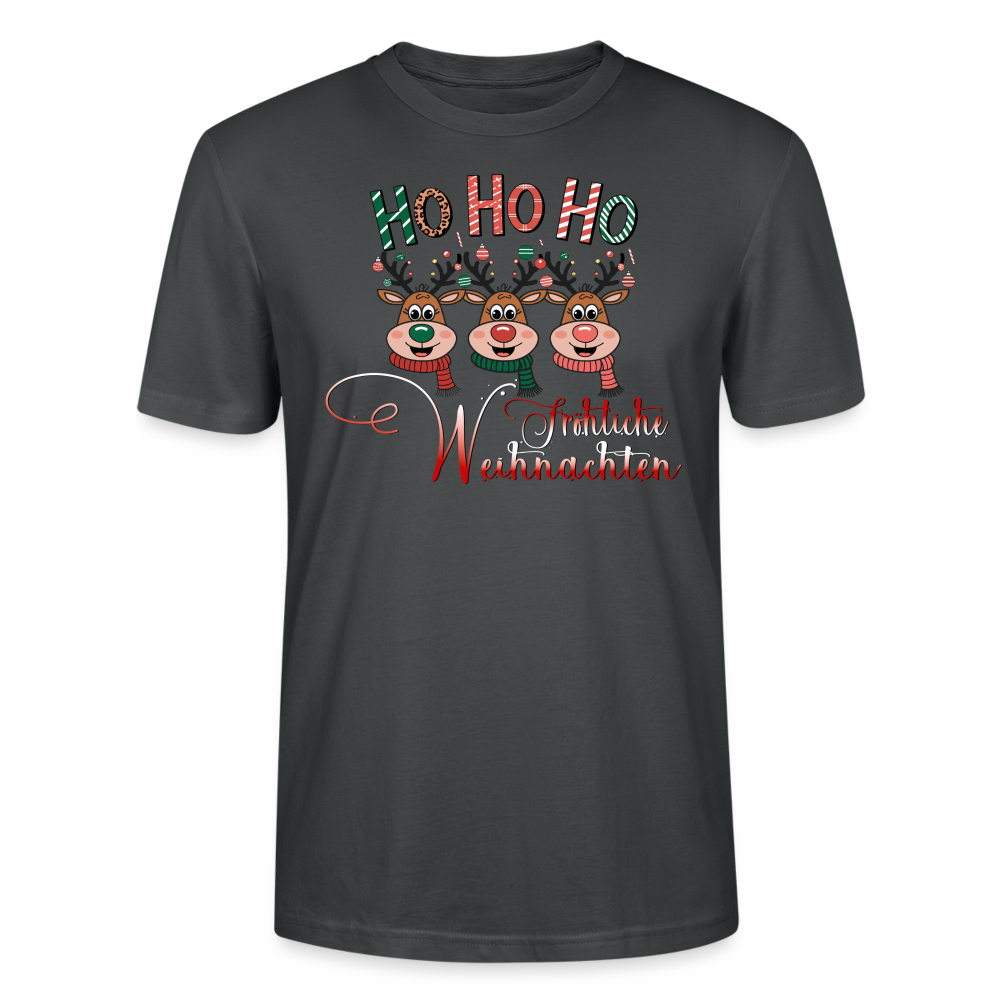 Fröhliche Weihnachten T-Shirt für Männer in Farbe Anthrazit mit Hohoho Motiv und 3 Elchen von StreetwearX aus 100% Bio Baumwolle.