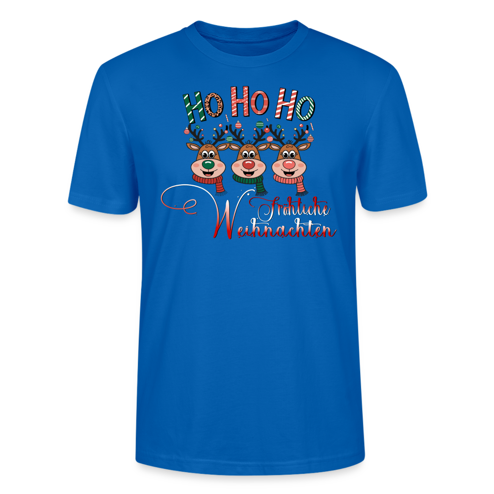 Fröhliche Weihnachten T-Shirt für Männer in Farbe pfauenblau mit Hohoho Motiv und 3 Elchen von StreetwearX aus 100% Bio Baumwolle.