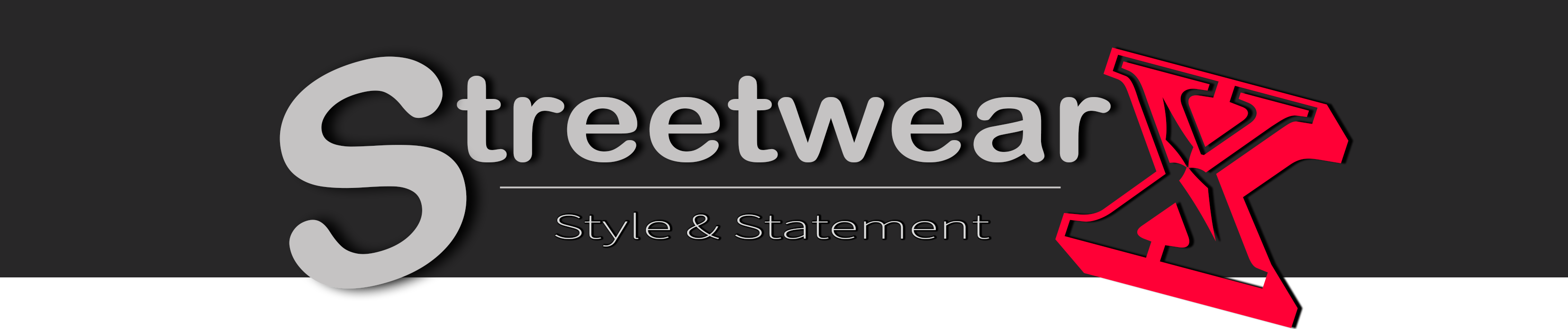 Logo Schriftzug StreetwearX, Großes rotes X rechts Großes graues S links. In kleiner Schrift im Logo enth alten Style and Statement. Dunkel grauer Hintergrund. Mobile Version