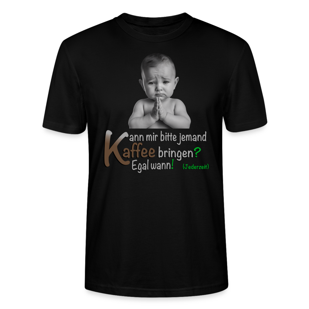 Schwarzes T-Shirt mit humorvollem Baby-Motiv und dem Spruch: "Kann mir bitte jemand Kaffee bringen? Egal wann! In Klammer steht in grün (Jederzeit)".
Das Wort Kaffee ist in bräunlich geschrieben. Dieses Design vereint Witz und Stil, perfekt für Kaffeeliebhaber und Streetwear-Fans, die auffällige Statements lieben. Ideal für Alltag und Freizeit.
