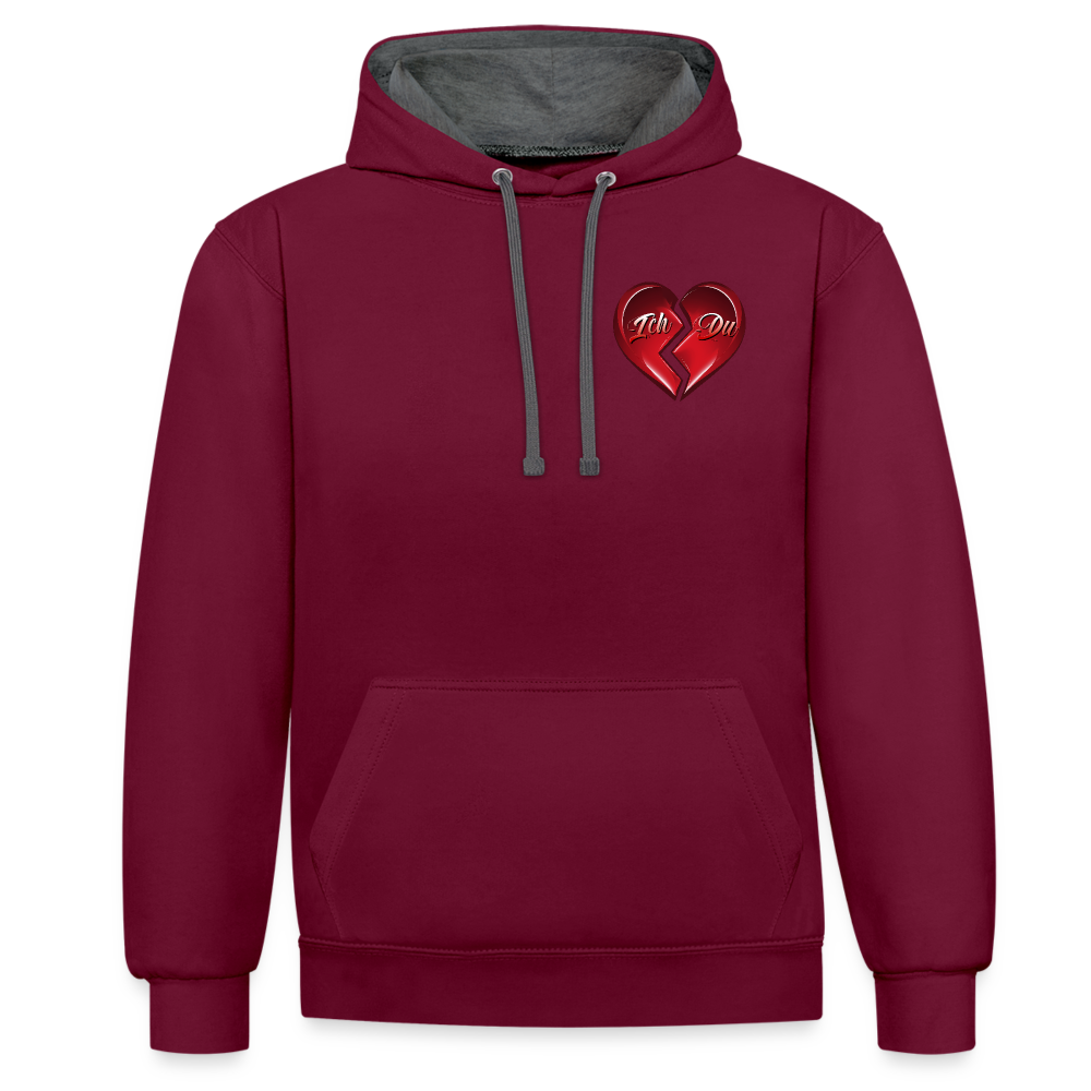 Weinrot/Anthrazit 2-Farben Streetwear Hoodie mit Kapuze und Kordeln in der gleichen Farbe. Herz-Motiv auf der linken Brust – Perfektes Valentinstag Geschenk für Männer und Frauen.