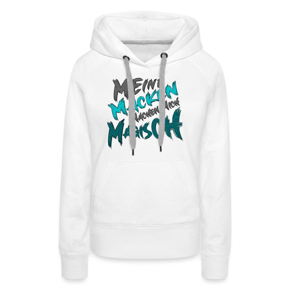 Weißer Streetwear Hoodie für Frauen mit Statement ‚Meine Macken machen mich magisch‘, modernes Design mit weißer und schwarzer Schrift, kontrastfarbene Kapuzenbänder, Kängurutasche, ideal für lässigen Look, lustige Sprüche.