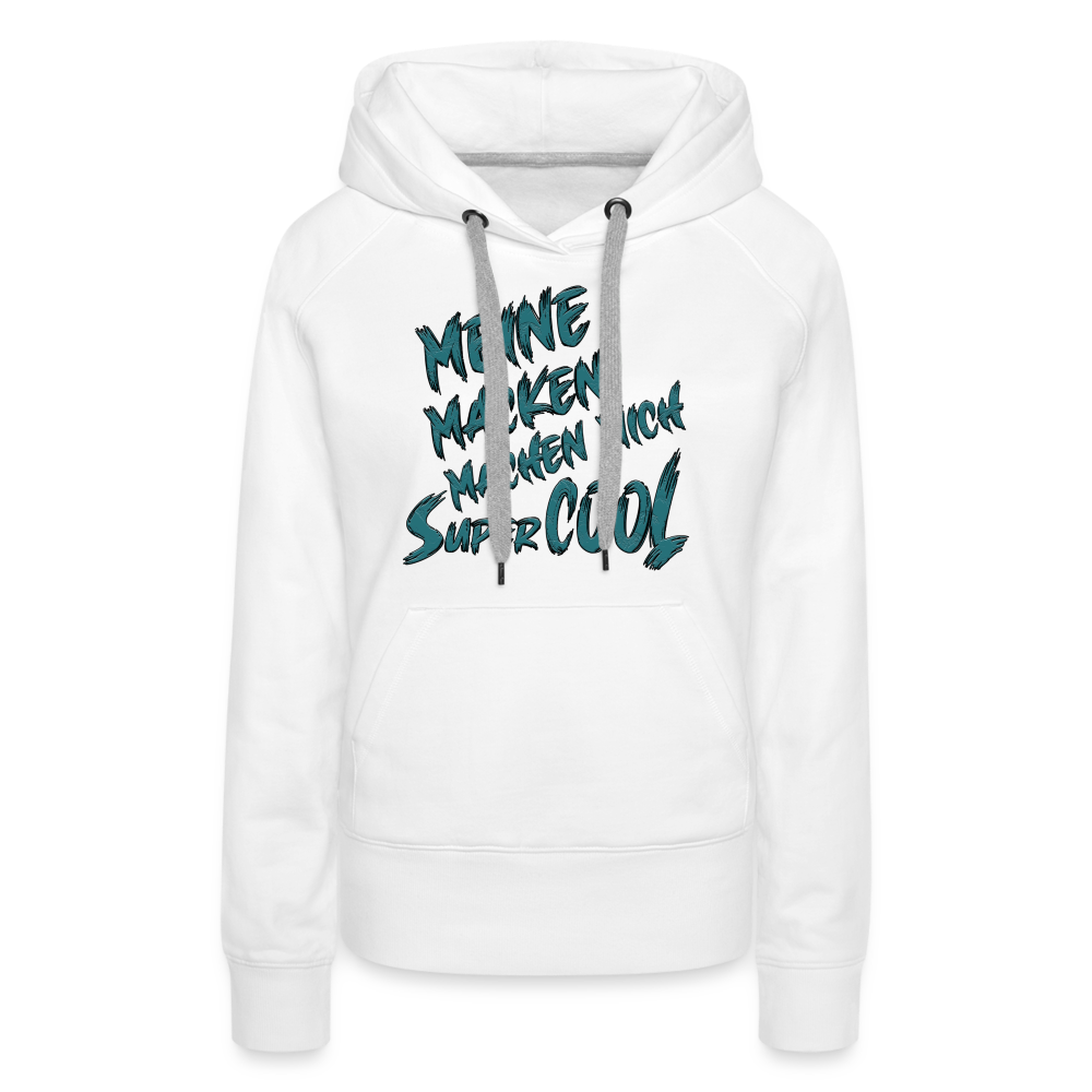 Weißer Streetwear Hoodie für Frauen mit dem Spruch auf den Brust „Meine Macken machen mich super cool“. Stilvolle Typografie, lustige Sprüche, mit kontrastfarbigen Kapuzenband und praktischer Kängurutasche. Perfekt für Alltag und Freizeit.