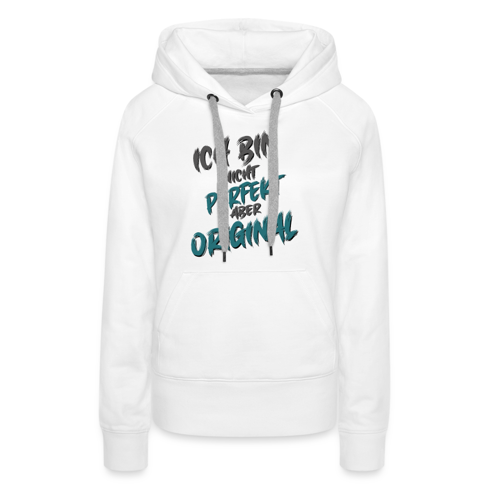 Weißer Streetwear Frauen Hoodie mit Spruch auf der Brust „Ich bin nicht perfekt aber original“. Einzigartige Typografie, sehr lustige Sprüche, mit farbiges Kapuzenband und praktischer Kängurutasche. Perfekt für Freizeit & Alltag.