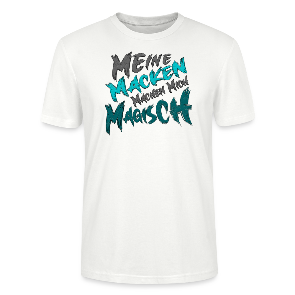 Weißes Streetwear T Shirt für Männer, die Humor lieben. Auf der Vorderseite ein cooler Sprüche Schriftzug: „Meine Macken machen mich magisch“. Perfekt geeignet für Alltag und Freizeit durch klare, stilvolle Typografie.