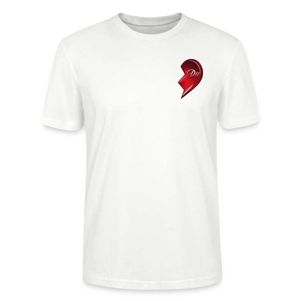 Weißes T-Shirt mit rechter Hälfte eines roten Herzmotivs und dem Schriftzug 'Du' auf der rechten Brustseite, designed als Teil eines Partner-T-Shirt-Sets, perfekt für Paare zum Valentinstag – Streetwear-Look mit emotionaler Botschaft.