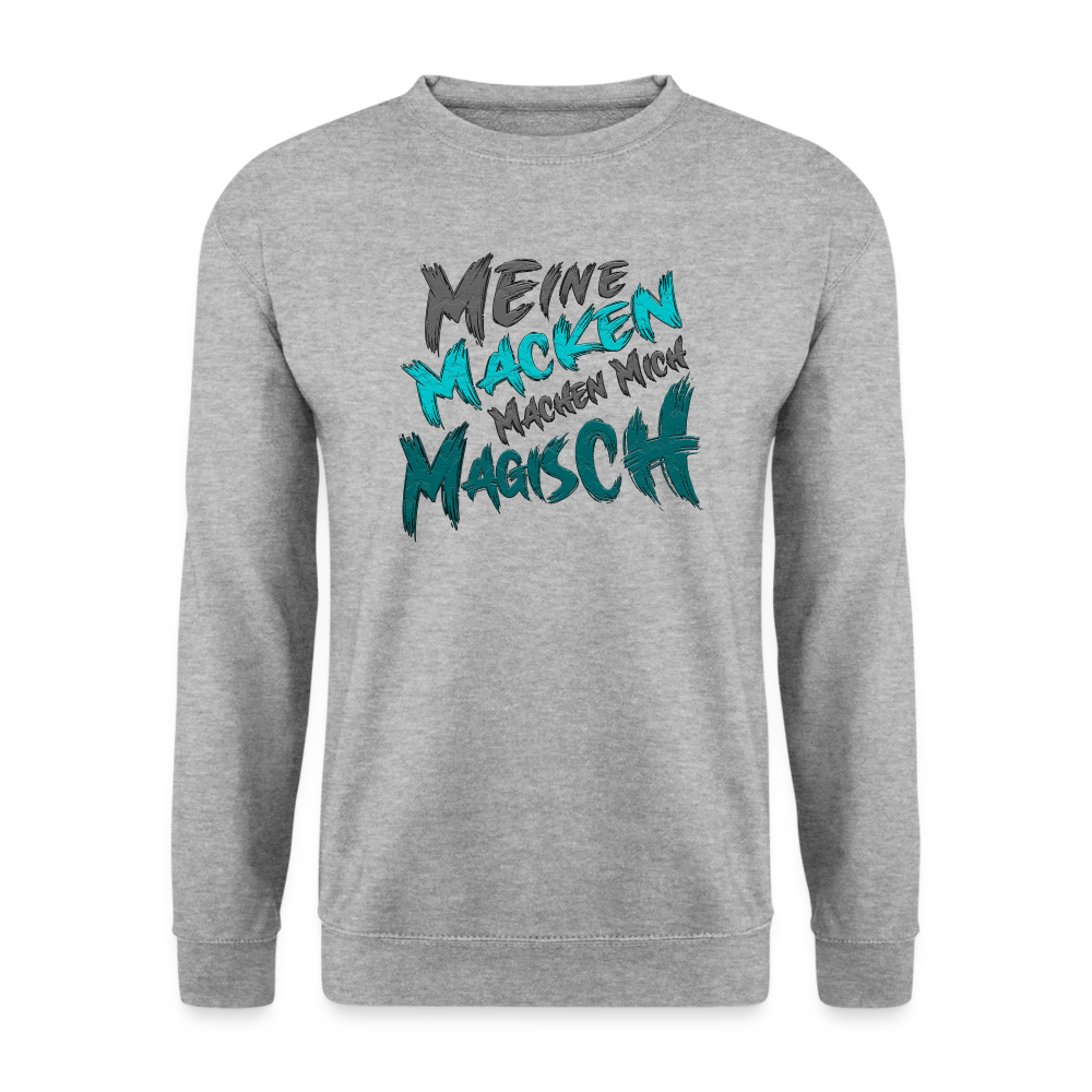 WeiĂgrau meliert Streetwear Pullover fĂŒr Frauen und MĂ€nner mit humorvollem Statement âMeine Macken machen mich magischâ. Modernes Streetwear-Design, ideal fĂŒr Freizeit und Alltag.