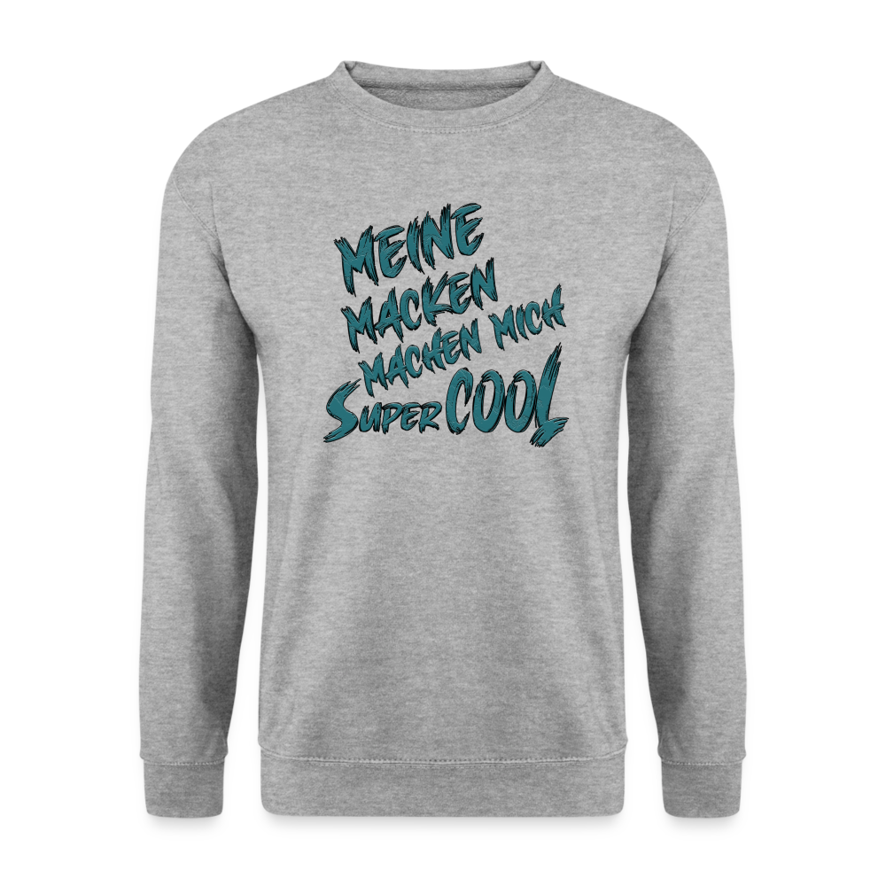 Weißgrau melierter Streetwear Pullover für Frauen & Männer mit dem Statement „Meine Macken machen mich super cool“. Spruch mit Humor. Perfekt für Freizeit und Alltag.