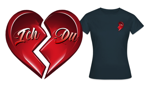Herz-Motiv im stilvollen Design: Zwei Hälften eines roten Herzens mit den Schriftzügen "Ich" und "Du". Perfekt für Partnerlooks, Streetwear und als Valentinstag-Geschenk.