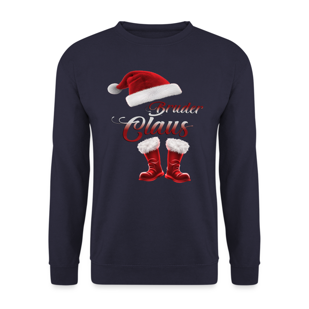Farbe Navy Pullover mit Bruder Claus Aufdruck, dekoriert mit roter Weihnachtsmütze und roten Nikolausstiefeln mit Fellbündchen.