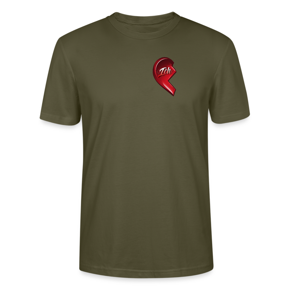 Khaki farbenes T-Shirt mit halbem roten Herzmotiv und dem Schriftzug 'Ich' auf der linken Brustseite, Teil eines Partner-T-Shirt-Sets, bei dem die rechte Herzhälfte auf dem passenden T-Shirt ergänzt wird. Ideal als Geschenkidee für Paare zum Valentinstag.