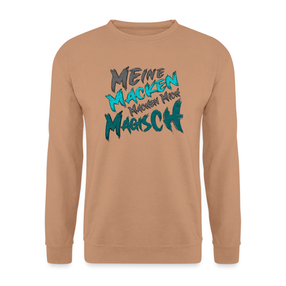 Farbe  Mocca Streetwear Pullover für Frauen und Männer mit humorvollem Statement „Meine Macken machen mich magisch“. Modernes Streetwear-Design, ideal für Freizeit und Alltag.