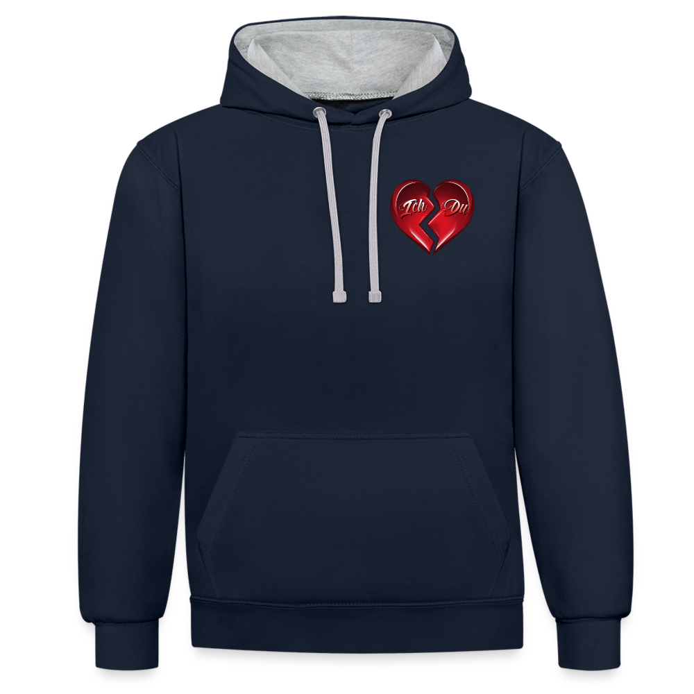 Navy/Grau meliert 2-Farben Streetwear Hoodie mit Kapuze und Kordeln in der gleichen Farbe. Herz-Motiv auf der linken Brust – Perfektes Valentinstag Geschenk für Männer und Frauen.