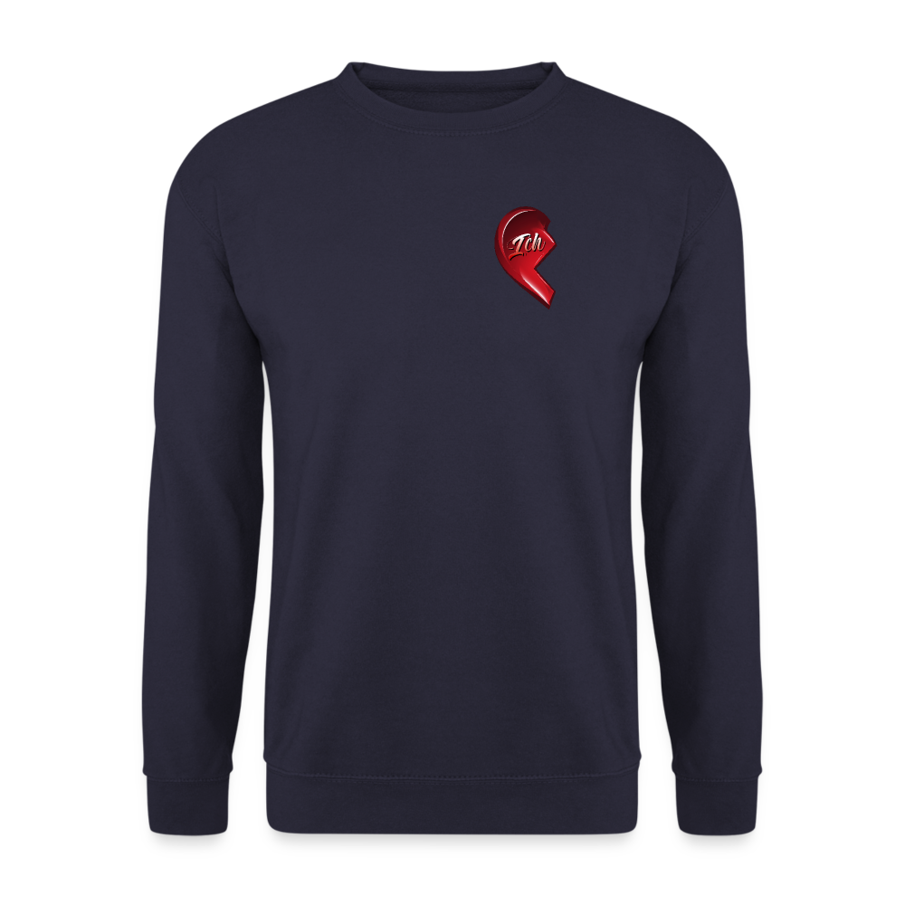 Navifarbener Pullover mit halbem Herz-Design auf linker Brustseite. Design ist ein Partnerlook. – Geschenkidee zum Valentinstag für Mann und Frau. Klassischer Schnitt.