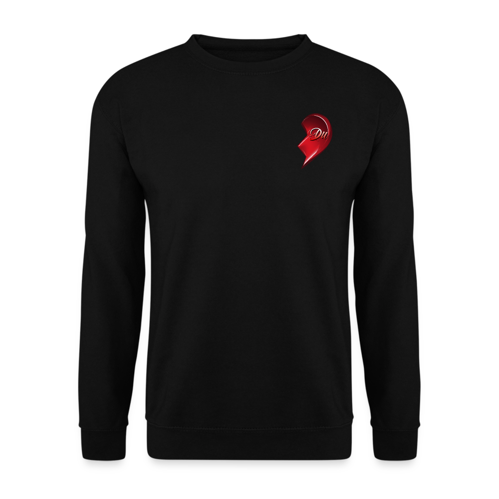 Schwarzer Streetwear Pullover mit Herz-Hälfte auf der linken Brust. Partnerlook-Design – Perfekte Geschenkidee für Maenner und Frauen zum Valentinstag. 