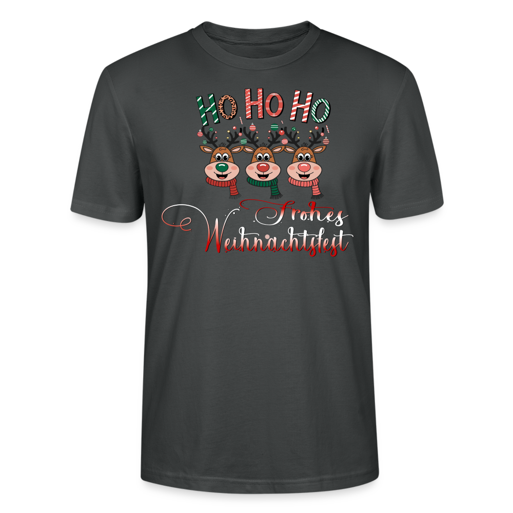 Frohes Weihnachtsfest T-Shirt für Männer in Anthrazit mit Ho Ho Ho Motiv und 3 fröhlichen Elchen mit bunten Schals aus Bio Baumwolle von StreetwearX.