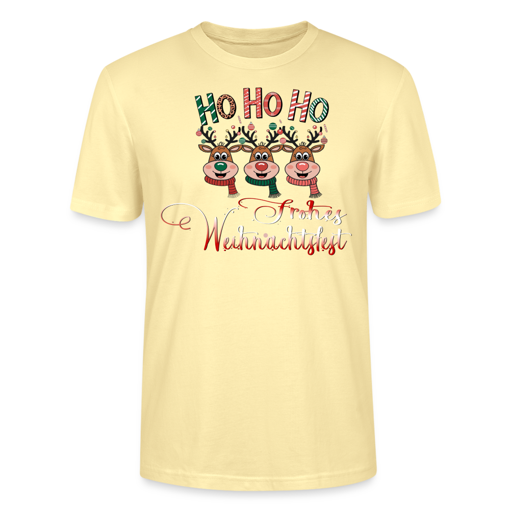 Frohes Weihnachtsfest T-Shirt für Männer in Creme mit Ho Ho Ho Motiv und 3 fröhlichen Elchen mit bunten Schals aus Bio Baumwolle von StreetwearX.