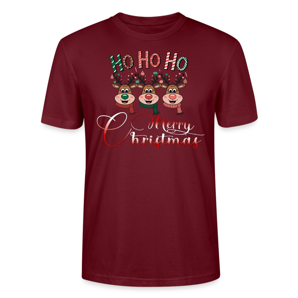 Merry Christmas T-Shirt für Männer in burgunderrot mit Ho Ho Ho Motiv und 3 fröhlichen Elchen aus 100 Prozent Bio-Baumwolle Fair Trade produziert von StreetwearX.
