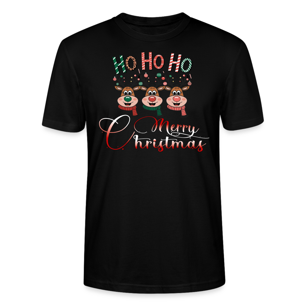 Merry Christmas T-Shirt für Männer in schwarz mit Ho Ho Ho Motiv und 3 fröhlichen Elchen aus 100% Bio-Baumwolle Fair Trade produziert von StreetwearX.