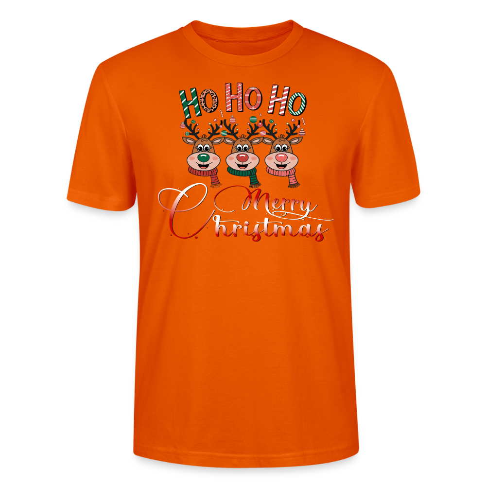 Merry Christmas T-Shirt für Männer in tieforange mit Ho Ho Ho Motiv und 3 fröhlichen Elchen aus 100% Bio-Baumwolle Fair Trade produziert von StreetwearX.